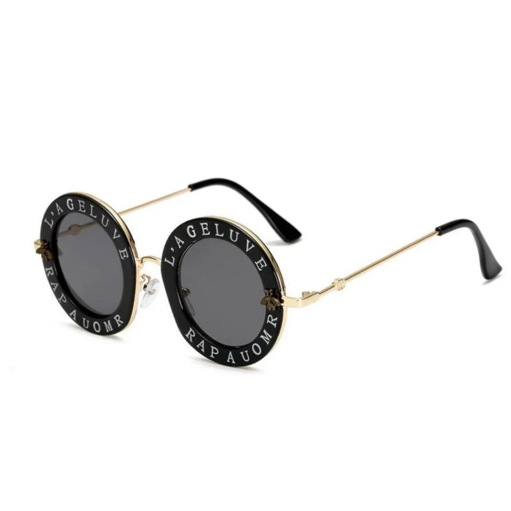 Luxury Round Oversized Sunglasses‎ Black Gold Designer Style Women Shades Trendy